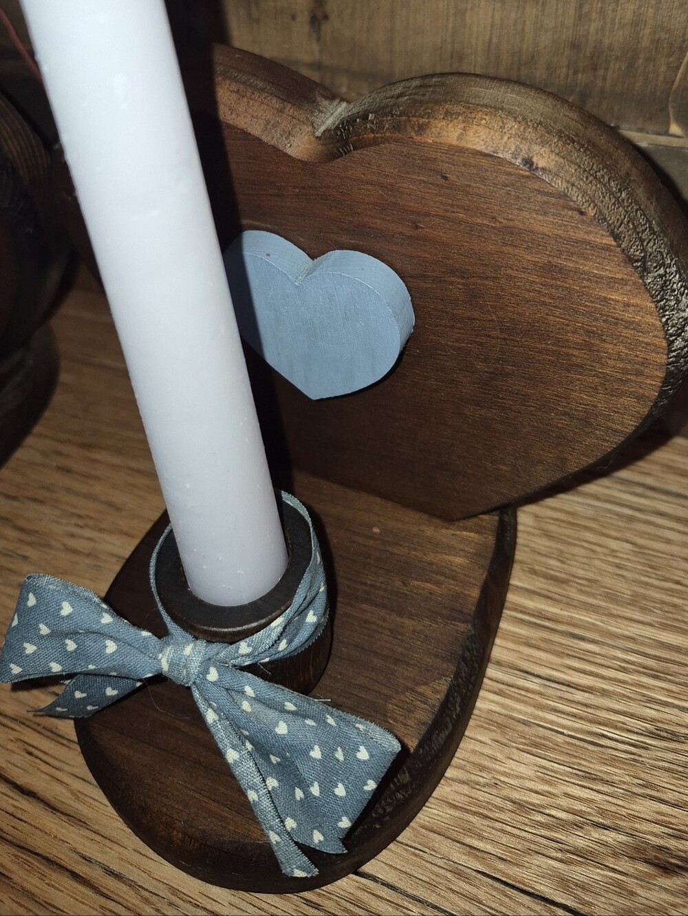 Set of handmade rustic wooden heart candle holders featuring blue heart accents - Picture 3 of 4